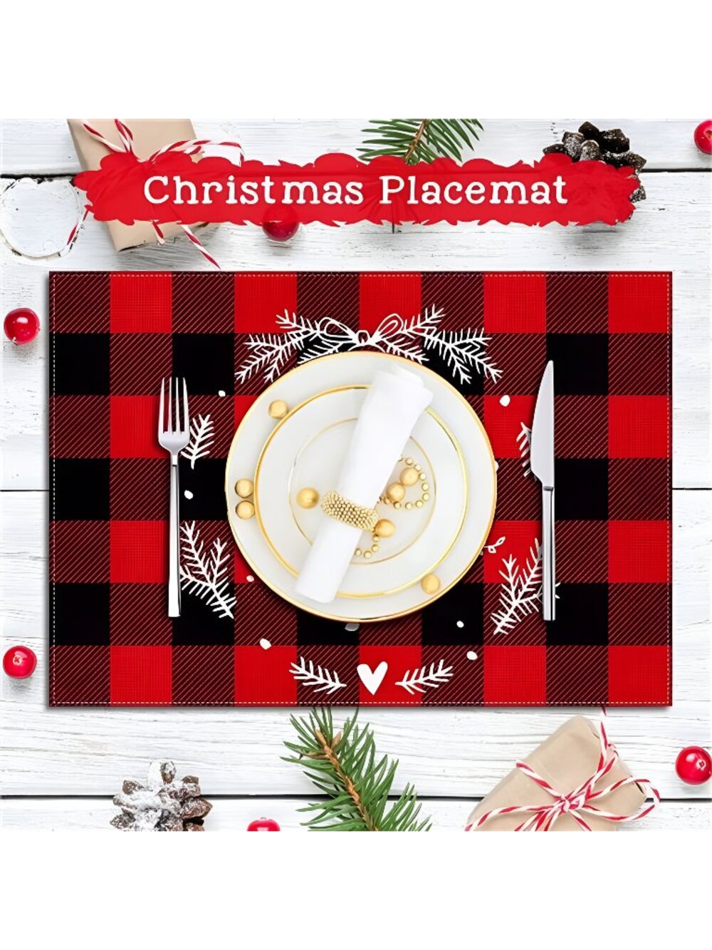 Set of 6 Christmas Placemats, 12 * 18 Inch Red & Black Buffalo Plaid Cotton